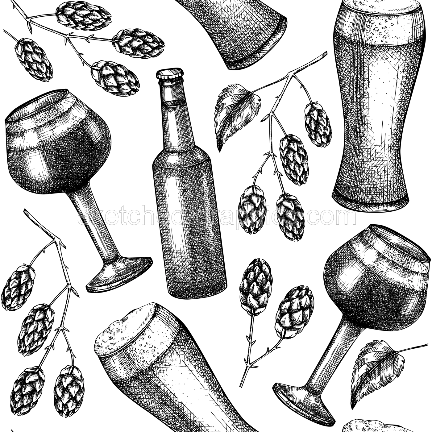 Sketched beer background in vintage style. Vector seamless pattern with hop, beer glasses and bottle for pub, bar. Black and white backdrop for bar or restaurant menu design, packaging, textile. Illustration